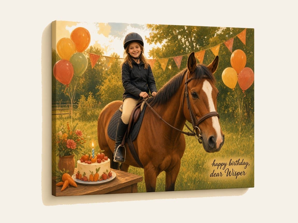 AI-generated visualization of the Wisper birthday artwork printed on a canvas, isolated on a cream background. Illustrative example, not a photograph of a real order.