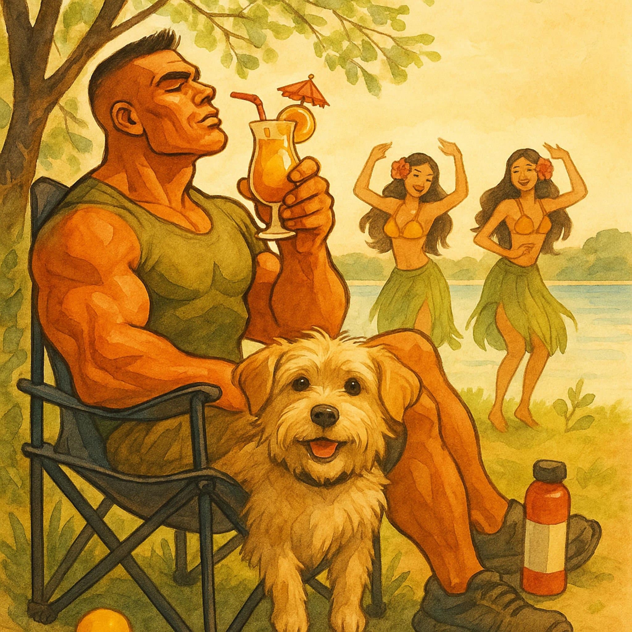Illustrated Hawaiian beach scene of the owner and dog, with hula dancers and a tropical drink. Same generated artwork used on the mug.